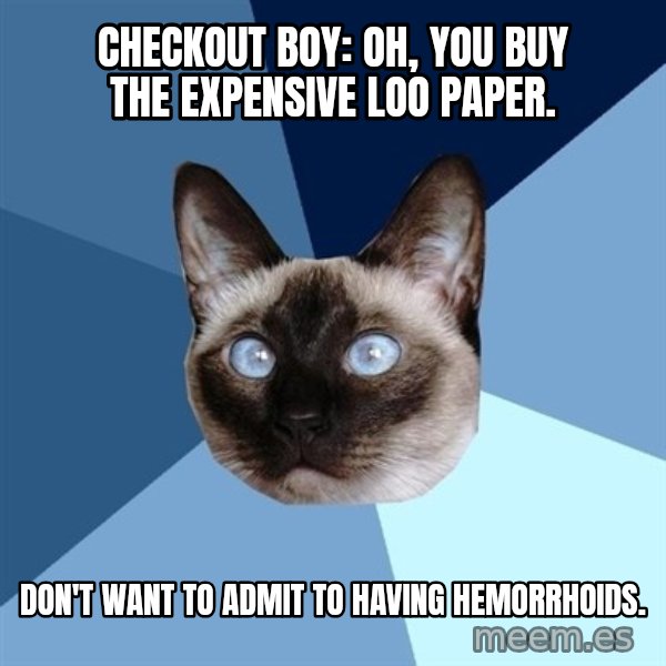 Chronic Illness Cat meme: Checkout Boy: Oh, you buy the expensive loo paper. / Don't want to admit to having Hemorrhoids.