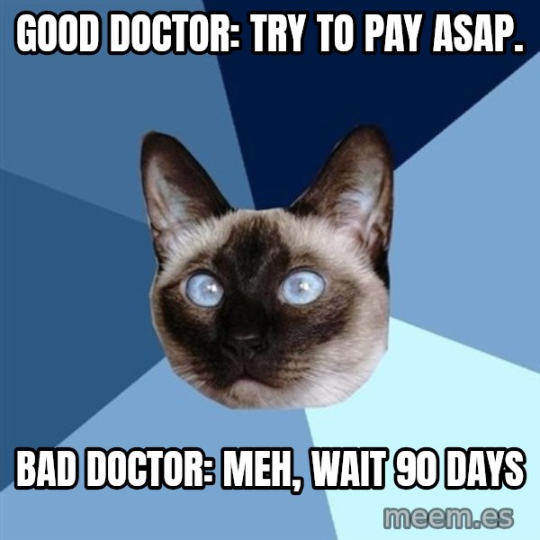 Chronic Illness Cat meme: Good Doctor: Try to pay Asap. / Bad Doctor: Meh, wait 90 days