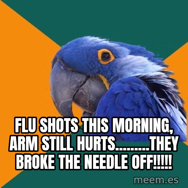 Paranoid Parrot meme: FLu shots this morning, arm still hurts.........they broke the needle off!!!!!
