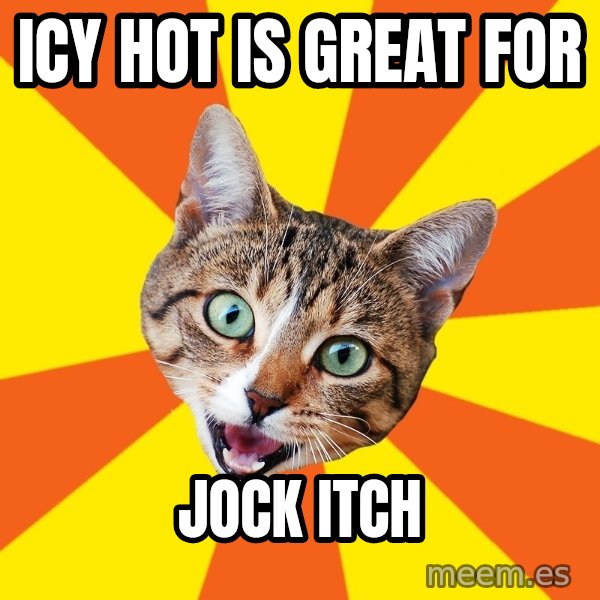 Bad Advice Cat meme: Icy Hot is great for / Jock Itch