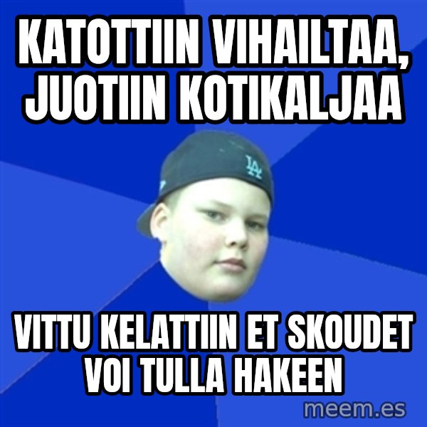 Jonnen Neuvo meme: Katottiin vihailtaa, juotiin kotikaljaa / vittu kelattiin et skoudet voi tulla hakeen