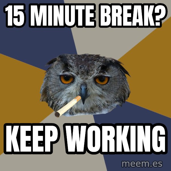 Art Student Owl meme: 15 MINUTE BREAK? / KEEP WORKING