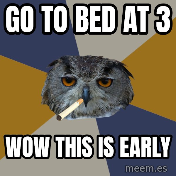 Art Student Owl meme: go to bed at 3 / wow this is early