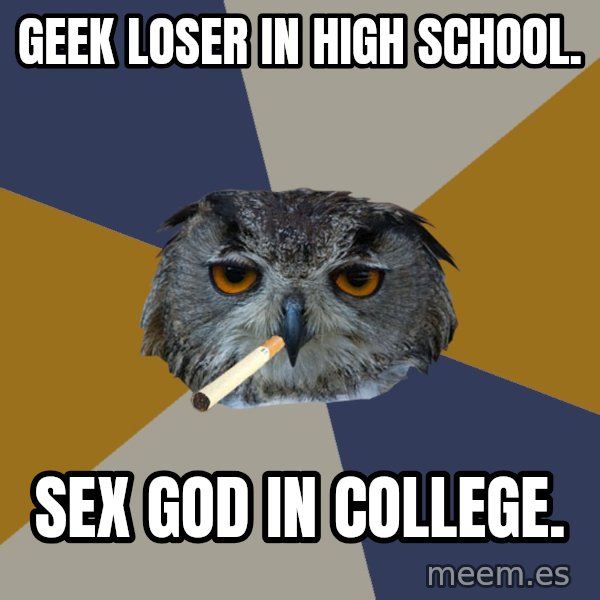 Art Student Owl meme: geek loser in high school. / sex god in college.