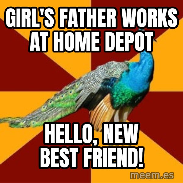Thespian Peacock meme: GIRL'S FATHER WORKS AT HOME DEPOT / HELLO, NEW BEST FRIEND!