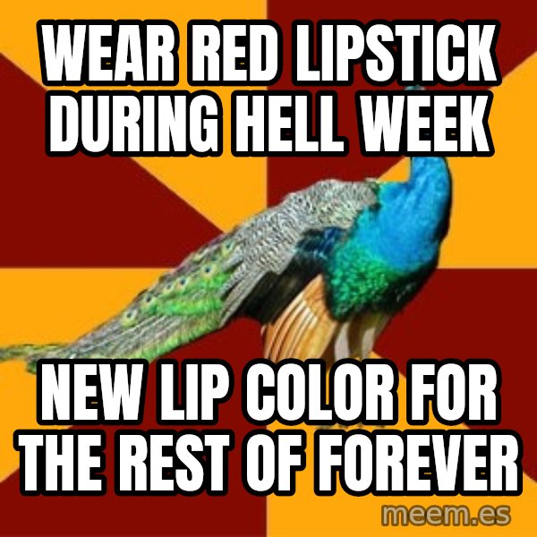 Thespian Peacock meme: wear red lipstick during hell week / new lip color for the rest of forever