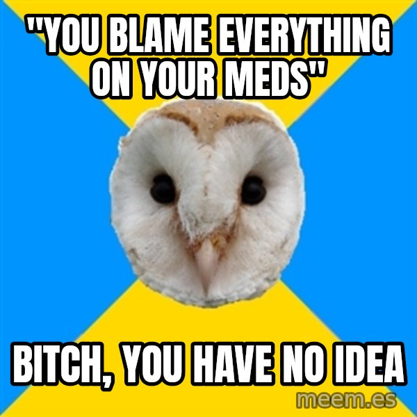 Bipolar Owl meme: "You blame everything on your meds" / bitch, you have no idea