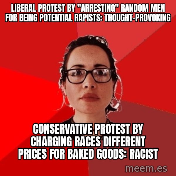 Liberal Douche Garofalo meme: liberal Protest by "arresting" random men for being potential rapists: Thought-provoking / Conservative protest by charging races different prices for baked goods: Racist