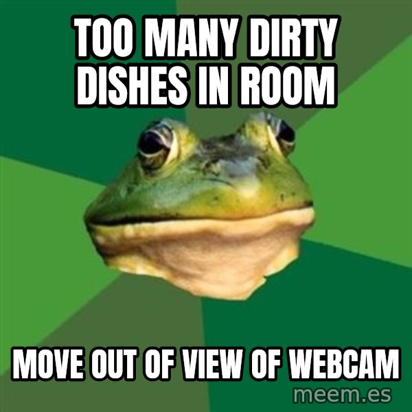 Foul Bachelor Frog meme: too many dirty dishes in room / Move out of view of webcam