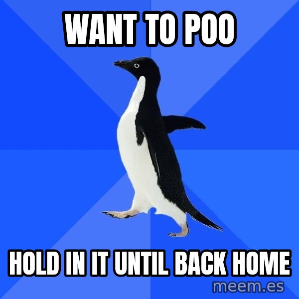 Socially Awkward Penguin meme: want to poo / hold in it until back home