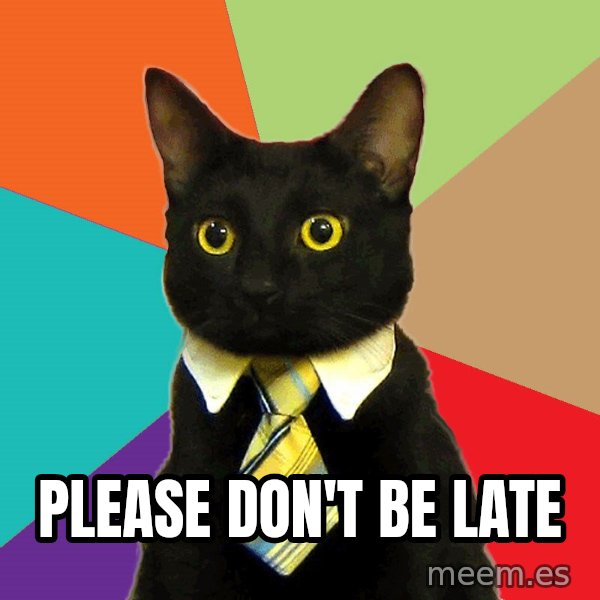 Business Cat meme: Please don't be late