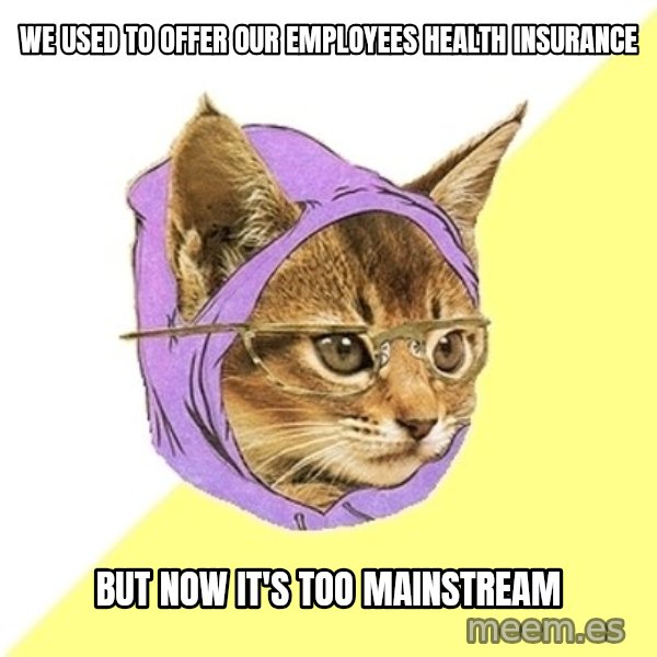 Hipster Kitty meme: we used to offer our employees health insurance / but now it's too mainstream