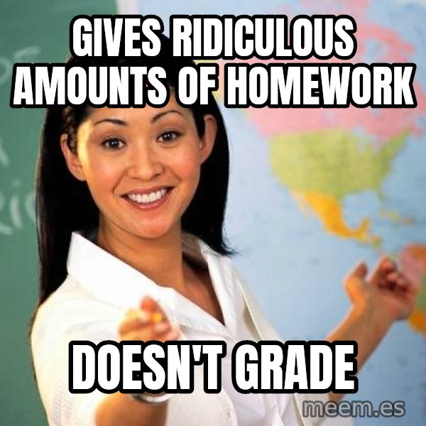 Unhelpful High School Teacher meme: gives ridiculous amounts of homework / doesn't grade