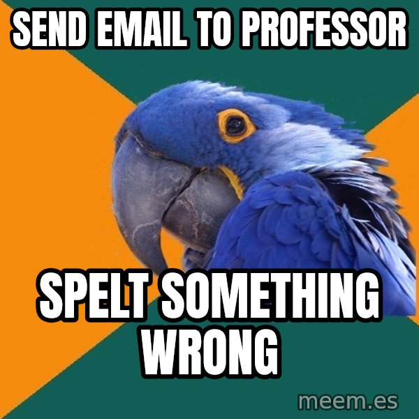 Paranoid Parrot meme: Send email to professor / spelt something wrong