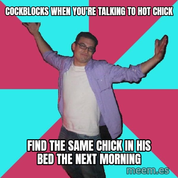 Douchebag Roommate meme: Cockblocks when you're talking to hot chick / Find the same chick in his bed the next morning