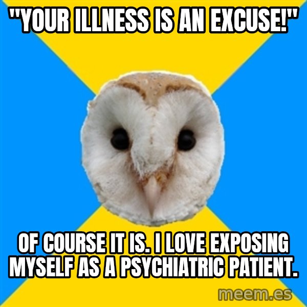 Bipolar Owl meme: "your illness is an excuse!" / of course it is. i love exposing myself as a psychiatric patient.