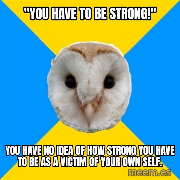 Bipolar Owl meme: "You have to be strong!" / you have no idea of how strong you have to be as a victim of your own self.