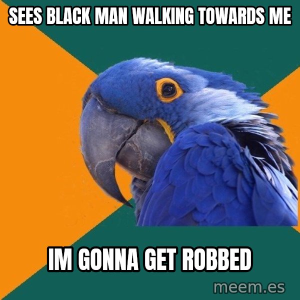 Paranoid Parrot meme: Sees black man walking towards me / im gonna get robbed