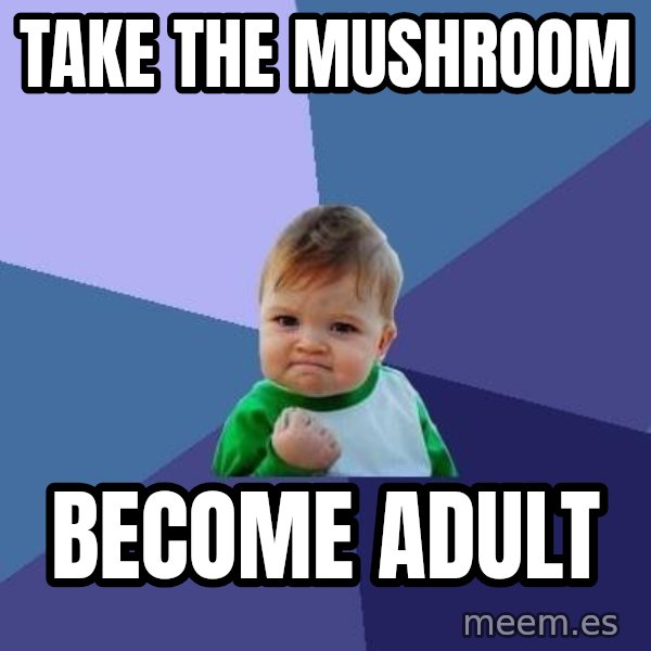 Success Kid meme: TAKE THE MUSHROOM / BECOME ADULT