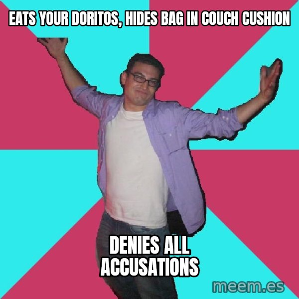 Douchebag Roommate meme: EATS YOUR DORITOS, HIDES BAG IN COUCH CUSHION / DENIES ALL ACCUSATIONS