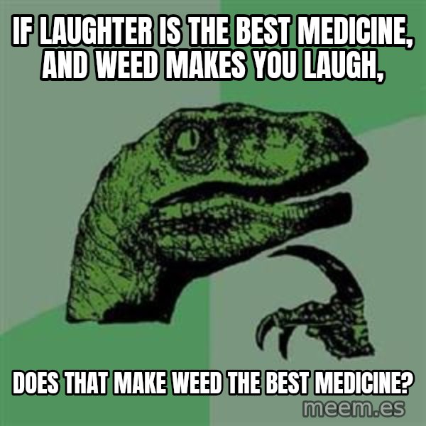 Philosoraptor meme: if laughter is the best medicine, and weed makes you laugh, / does that make weed the best medicine?