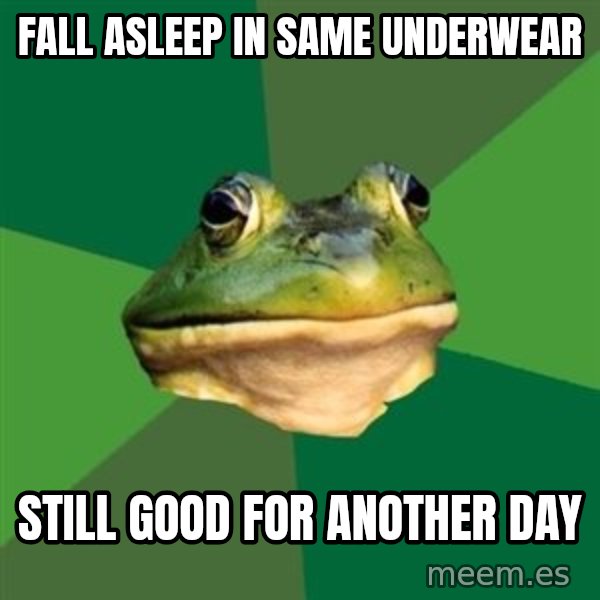 Foul Bachelor Frog meme: FALL ASLEEP IN SAME UNDERWEAR / STILL GOOD FOR ANOTHER DAY