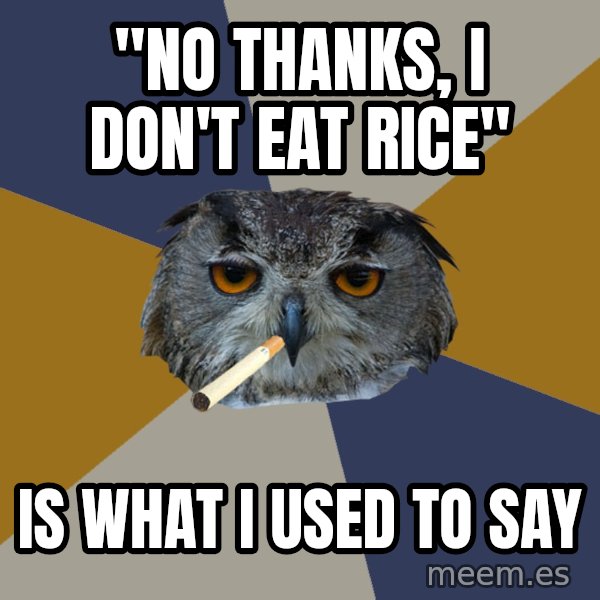 Art Student Owl meme: "No thanks, I don't eat rice" / is what I used to say