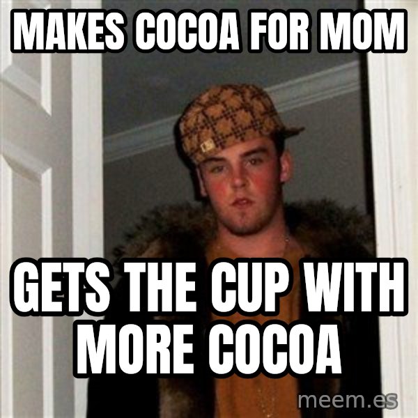 Scumbag Steve meme: Makes cocoa for mom / gets the cup with more cocoa