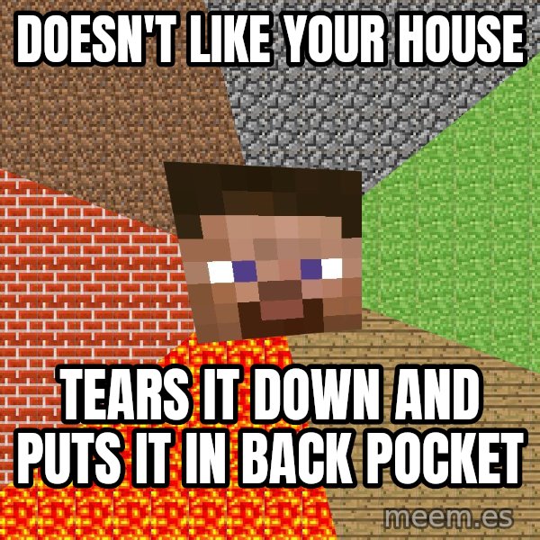 Minecraft Guy meme: Doesn't like your house / Tears it down and puts it in back pocket