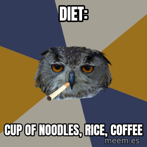 Art Student Owl meme: diet: / cup of noodles, rice, coffee