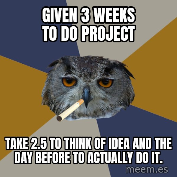 Art Student Owl meme: given 3 weeks to do project / take 2.5 to think of idea and the day before to actually do it.