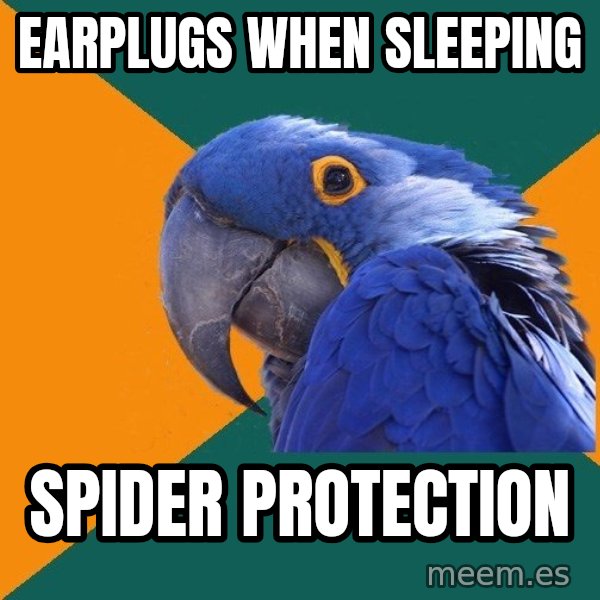 Paranoid Parrot meme: Earplugs when sleeping / Spider protection