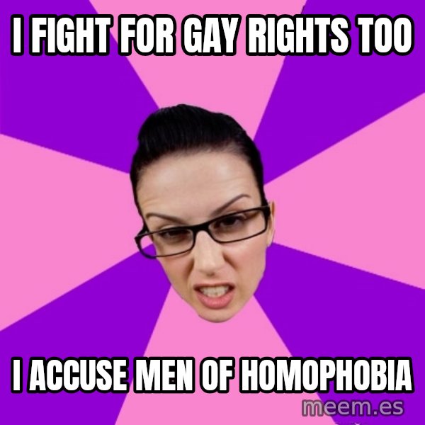Privilege Denying Feminist meme: I fight for gay rights too / i accuse men of homophobia
