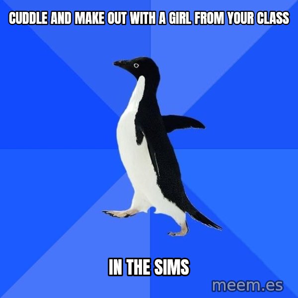 Socially Awkward Penguin meme: cuddle and make out with a girl from your claSS / IN THE SIMS