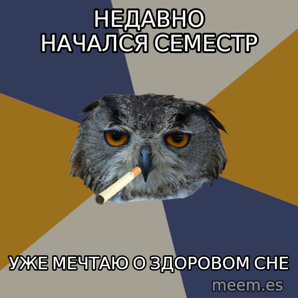 Art Student Owl meme: НЕДАВно начался семестр / уже мечтаю о здоровом сне