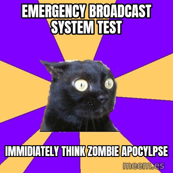 Anxiety Cat meme: emergency broadcast system test / immidiately think zombie apocylpse