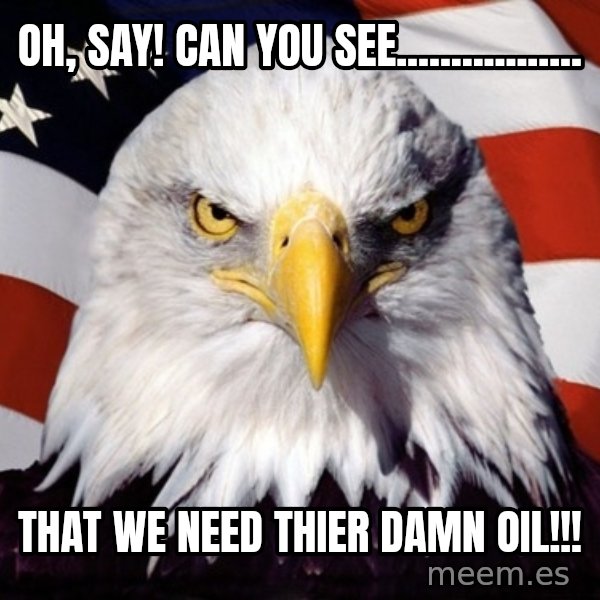 American Pride Eagle meme: Oh, say! can you see................. / That we need thier DAMN oil!!!