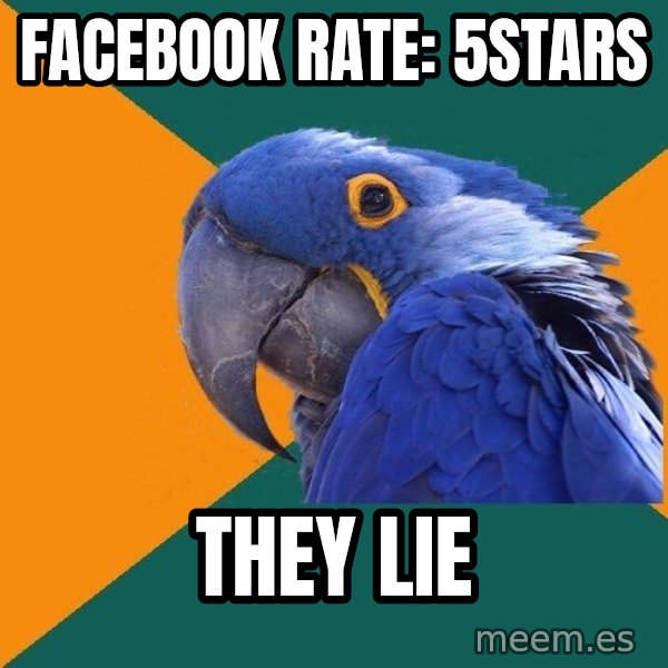 Paranoid Parrot meme: facebook rate: 5stars / they lie