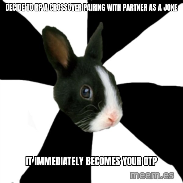 Roleplaying Rabbit meme: decide to rp a crossover pairing with partner as a joke / it immediately becomes your otp