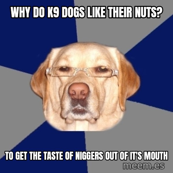 Racist Dawg meme: why do k9 dogs like their nuts? / to get the taste of niggers out of it's mouth