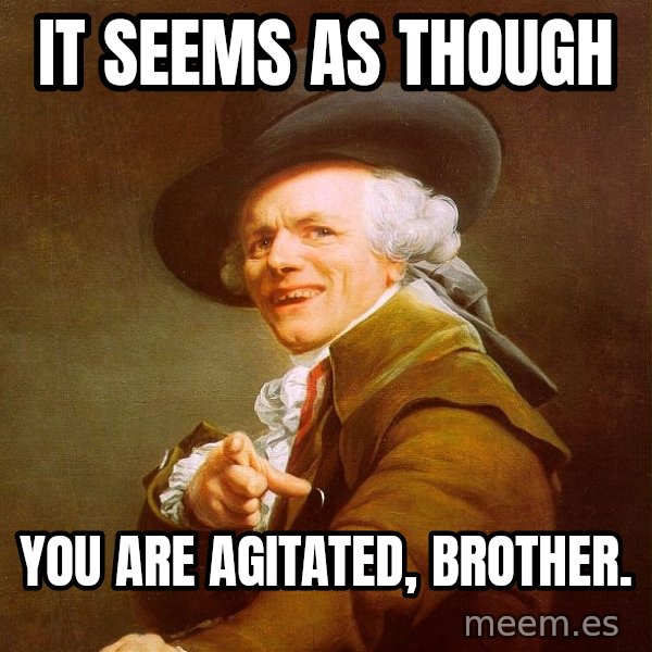 Joseph Ducreux meme: it seems as though / you are agitated, brother.