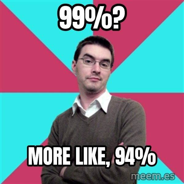 Privilege Denying Dude meme: 99%? / more like, 94%