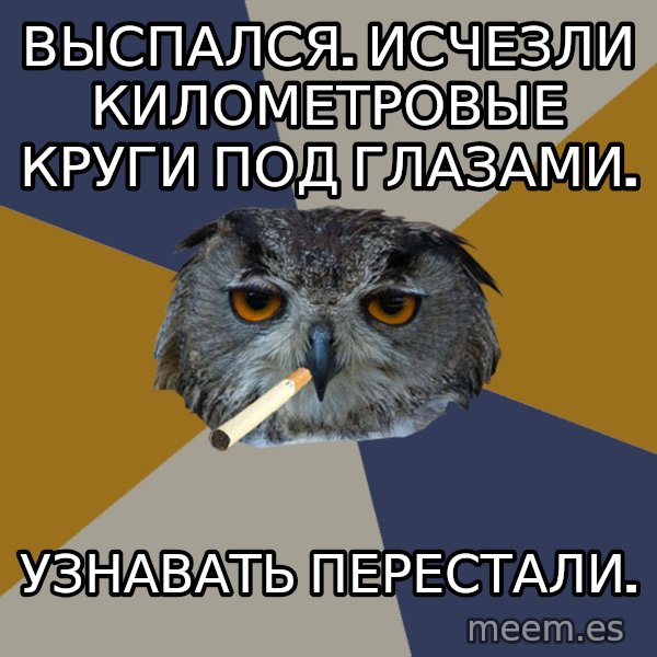 Art Student Owl meme: выспался. исчезли километровые круги под глазами. / узнавать перестали.