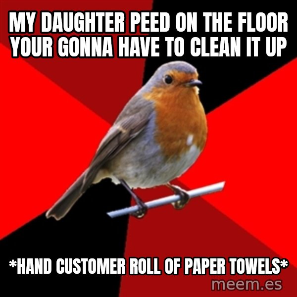 Retail Robin meme: mY DAUGHTER PEED ON THE FLOOR YOUR GONNA HAVE TO CLEAN IT UP / *HAND CUSTOMER ROLL OF PAPER TOWELS*