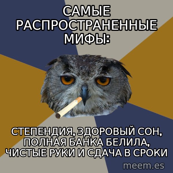 Art Student Owl meme: самые распространенные мифы: / степендия, здоровый сон, полная банка белила, чистые руки и сдача в сроки