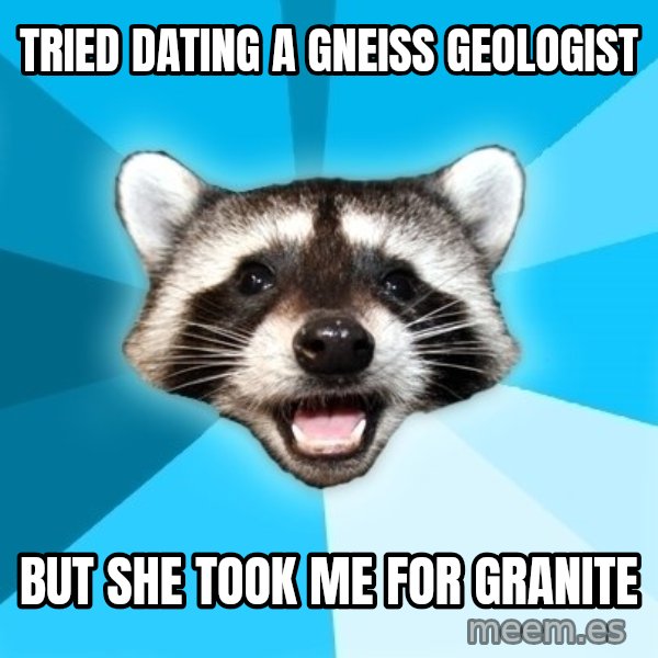 Lame Pun Coon meme: Tried dating a gneiss geologist / But she took me for granite