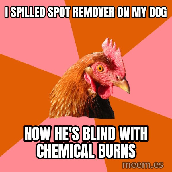 Anti Joke Chicken meme: I spilled spoT remover on my dog / Now he's blind With chEmical bUrns