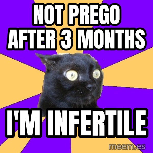 Anxiety Cat meme: not prego after 3 months / i'm infertile