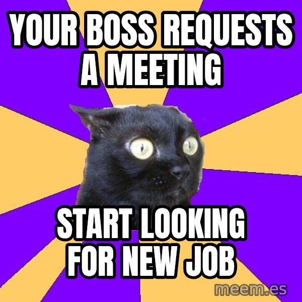 Anxiety Cat meme: Your boss requests a meeting / start looking for new job