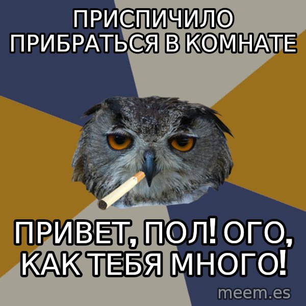 Art Student Owl meme: Приспичило прибраться в комнате / Привет, пол! Ого, как тебя много!
